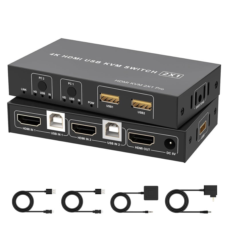 TaiLaiEra 4K HDMI KVM Switch 1 Monitor 2 Computers 4K@60Hz, USB KVM Switches for 2 Computer Share Monitor 2 USB Ports for Keyboard Mouse, Support Extended/Mirror Mode with Desktop Controller 2 Wires Included - Image 1